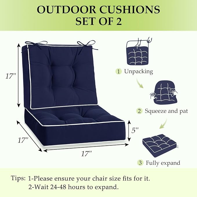 HARBOREST Outdoor Chair Cushions Set of 2, Tufted Patio Chair Cushions with Ties, Square Corner Outdoor Cushions for Patio Furniture, Lawn Chairs, Wicker Chairs, 17" x 17" x 5", Navy