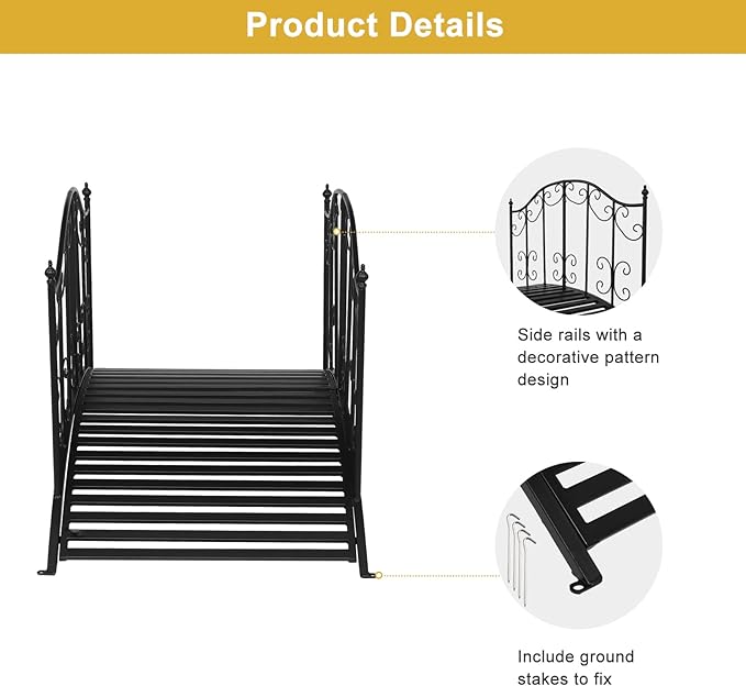 VINGLI Garden Bridge Metal Yard Arch Path Bridge with Patterned Guardrails, Ourdoor Decorative Black Iron Foot Bridge for Pond and Backyard Landscaping-4FT