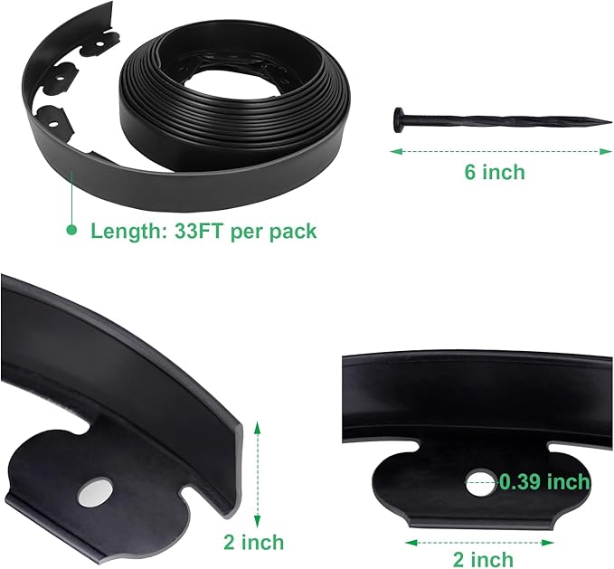 2-Inch x 66 FT Landscape Edging Border with 100 Anchoring Spikes, Garden Border Edging Kit, Plastic Edging Border Flexible for Garden Flower Beds Lawn Yard Paver Pathway (Black)