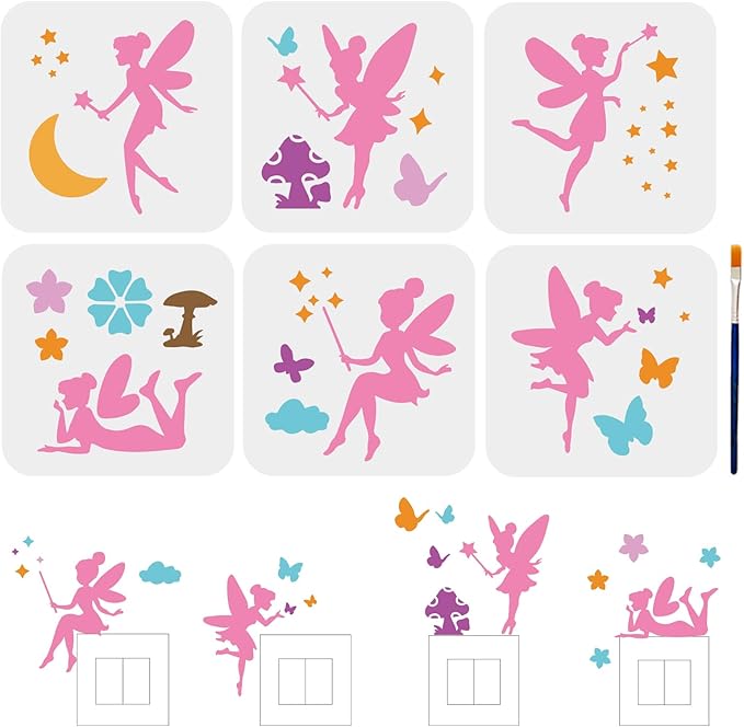 MAYJOYDIY 6pcs Fairy Stencils Little Fairy Drawing Painting Stencils Dreamy Mushroom Butterfly Moon Star Flower Template 6×6inch with Paint Brush Wall Art DIY Home Decor