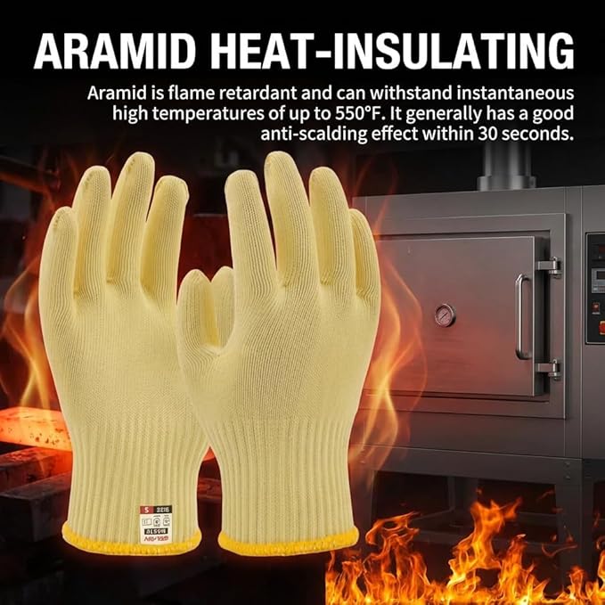High Heat Resistant Aramid Safety Gloves,Cut Protection Work Gloves for Automotive Mechanic, Construction, TIG Welding & BBQ Grilling - Seamless Knitted, High Dexterity（M, 2 Pairs）