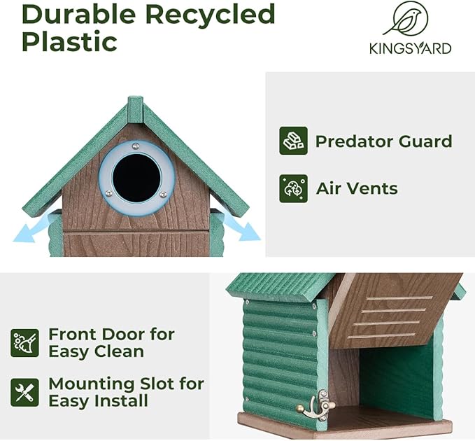 Kingsyard Recycled Plastic Bird House for Outdoors - Weatherproof Nesting Box with Clear View Panel & Predator Guard for Bluebird Wren Swallow Finch, Green