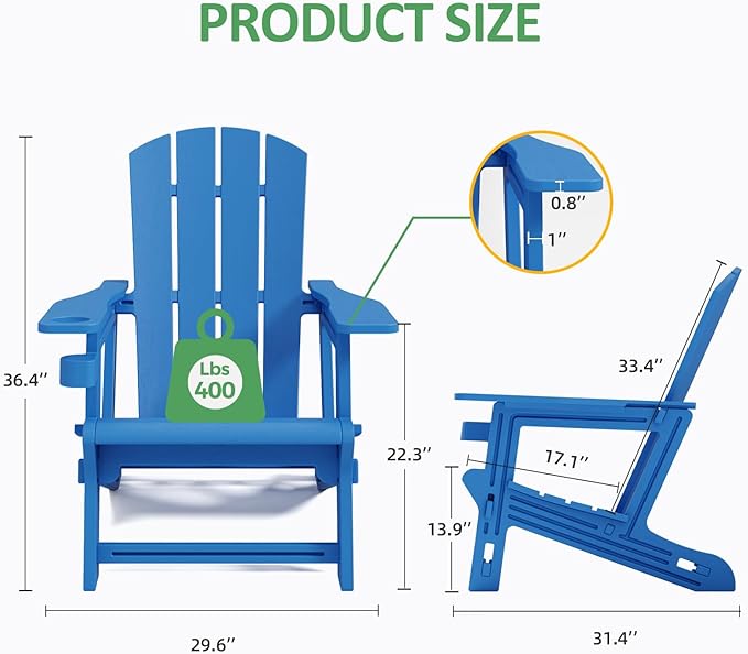 Adirondack Chairs Set of 2, Plastic Outdoor Adirondack Chair with Cup Holder, 400 LBS Capacity Recliner Chair Garden Chair for Patio Backyard Lawn Beach, Klein Blue