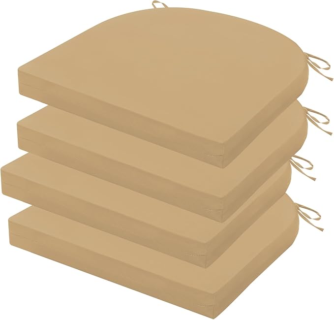 Outdoor Chair Cushions Set of 4, 17 x 16 Inch Patio Furniture Cushions, Water Resistant, Non-Slip Ties (Khaki)