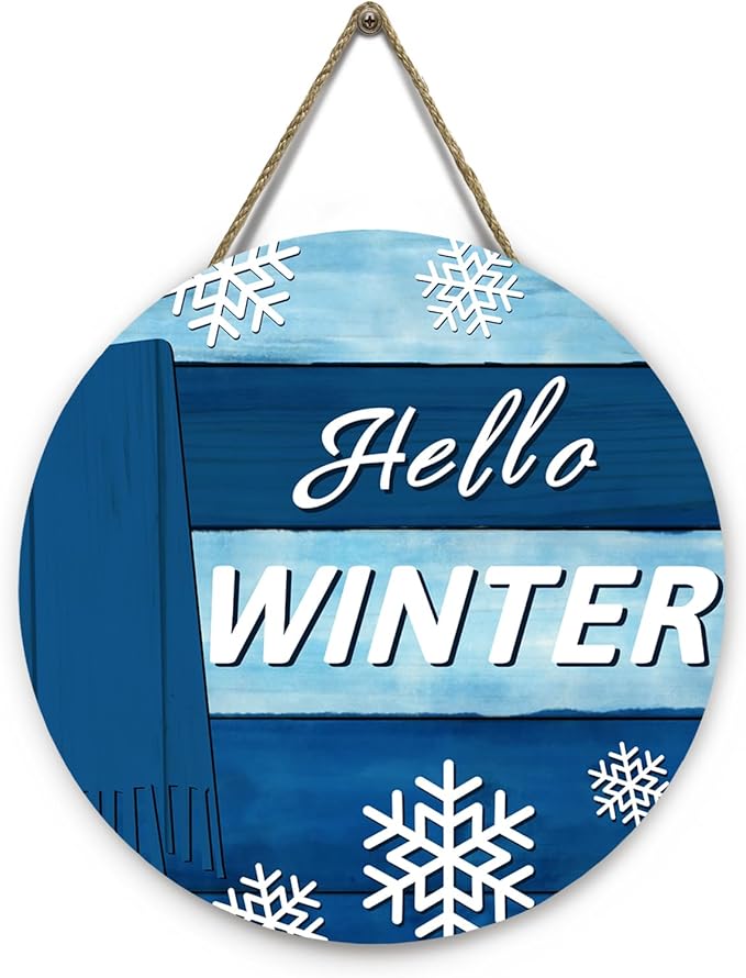 Hello Winter Door Sign for Front Door Blue Snowflakes Scarf Door Hanger Winter Wooden Porch Wall Hanging Sign for Home Outdoor Xmas Decoration 12x12 Inch
