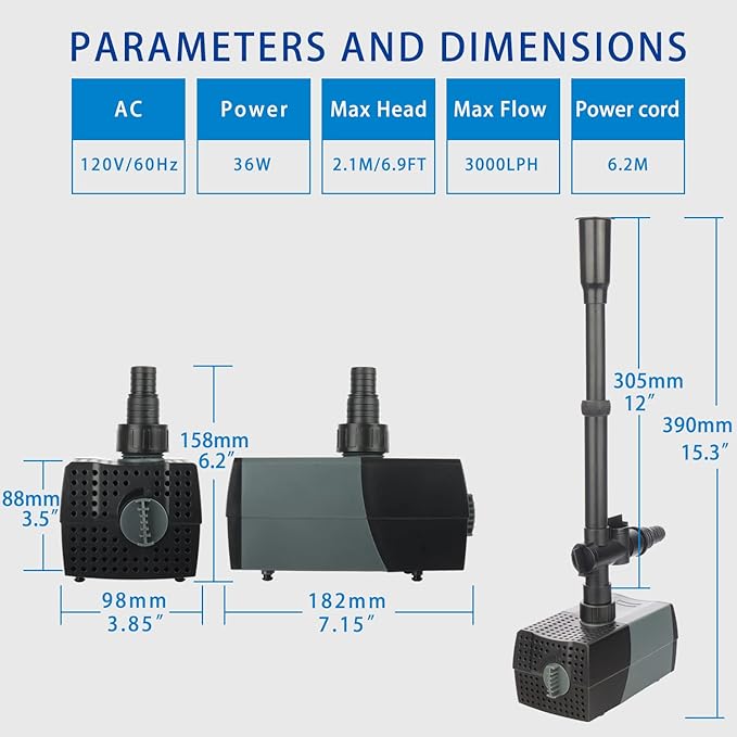 OYO WATER Pond Pumps Submersible Outdoor,780GPH Water Fountain Pump with Fountain Kits for Small Ponds