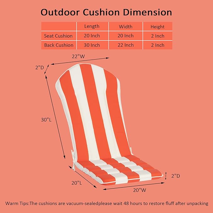 Adirondack Chair Cushions Set of 2 Outdoor Rocking Chair Cushions, Water-Resistant, Fade Resistant 50x20 Inch High Back Patio Replacement Cushions, Red White Stripe