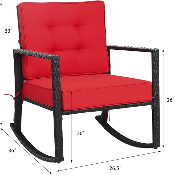 Tangkula Wicker Rocking Chair, Outdoor Glider Rattan Rocker Chair with Heavy-Duty Steel Frame, Patio Wicker Furniture Seat with 5” Thick Cushion for Garden, Porch, Backyard, Poolside (2, Red)
