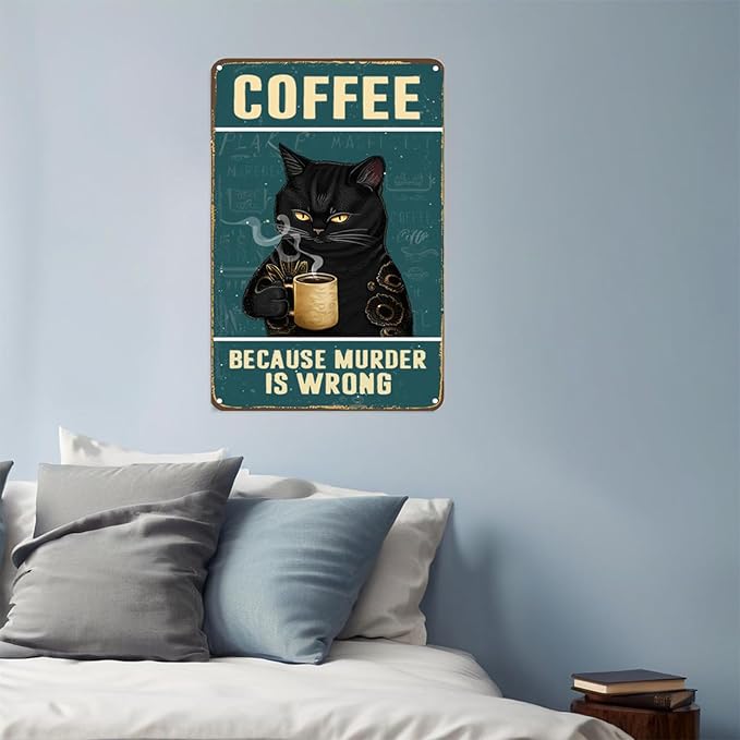 Cat Coffee Sign Aesthetic Decor - Cat Metal Tin Sign 12" x 8" - Vintage Coffee Bar Wall Art for Cat Lovers - Cute Cat Home Decor for Kitchen, Living Room Bathroom