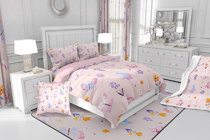 Erosebridal Cute Pink Floral King Bedding Set,Butterfly Kawaii Comforter Set for Girls Women,Flower Garden Comforter,Coquette Girly Flowers Bedroom Room Decor,2 Pillowcases All Season