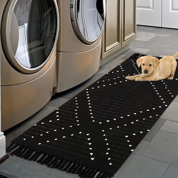 LIVEBOX Boho Black Kitchen Rug Non Slip, Washable Bathroom Runner Rug and Pad Gripper, Laundry Room Cotton Blend Woven Carpet Mat with Tassels (Set of Black Rug + Non Slip Pad, 2' x 4.3')