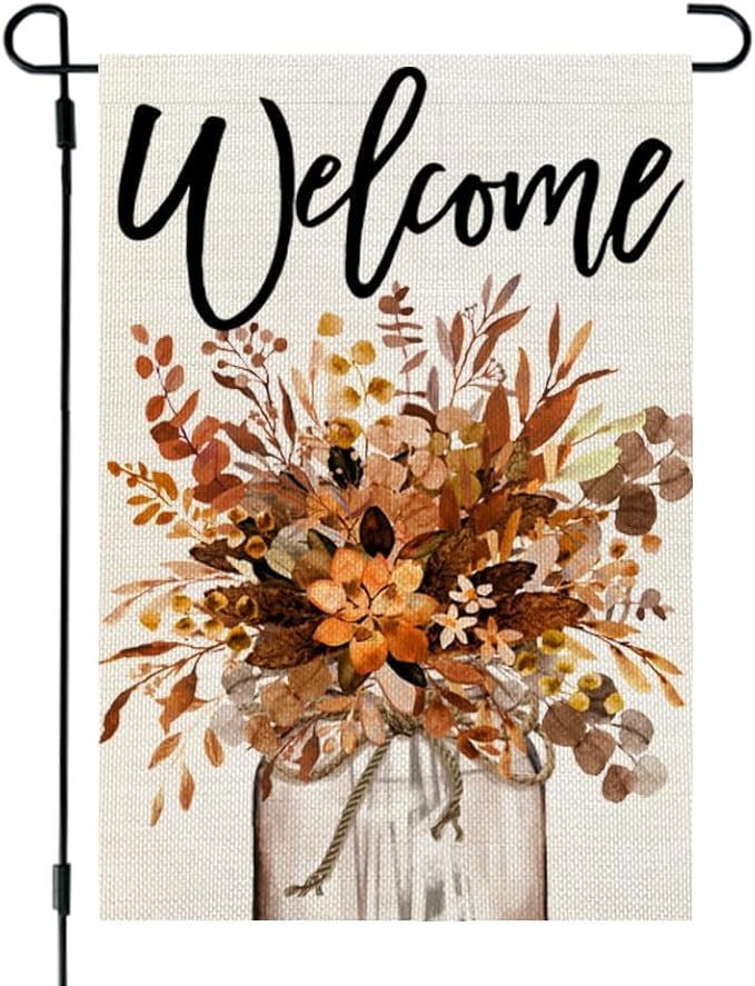 CROWNED BEAUTY Fall Garden Flag Floral Mason Jar 12x18 Inch Double Sided for Outside Small Welcome Burlap Autumn Seasonal Yard Decoration