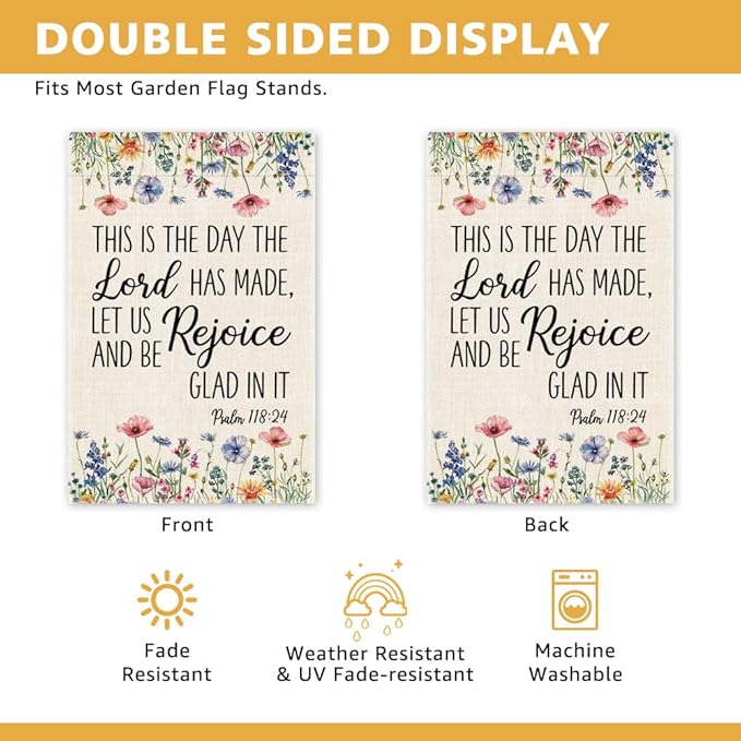 This Is The Day The Lord Has Made, Psalm 118:24 Garden Flag, Double Sided Yard Outdoor Farmhouse Lawn Porch Decor Flag, Bible Verse Decor, Christian Home Decor Gifts for Women Coworker Friend