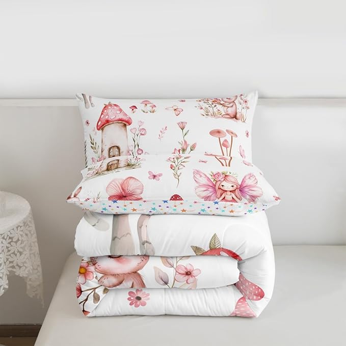 Erosebridal Fairy Garden Queen Bedding Set - Mushroom Floral Butterfly Comforter Set for Kids Girls, Pink Flower Bunny Quilt | Forest Themed Fairies Bedroom Decor with 2 Pillowcases