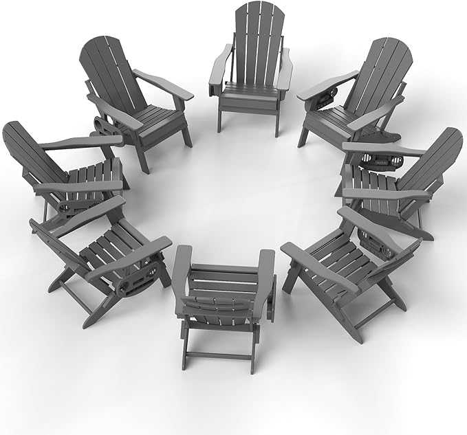 Adjustable Adirondack Chair Set of 8 with Cup Holder, All Weather HDPE Fire Pit Chairs for Deck, Backyard, Patio, Grey