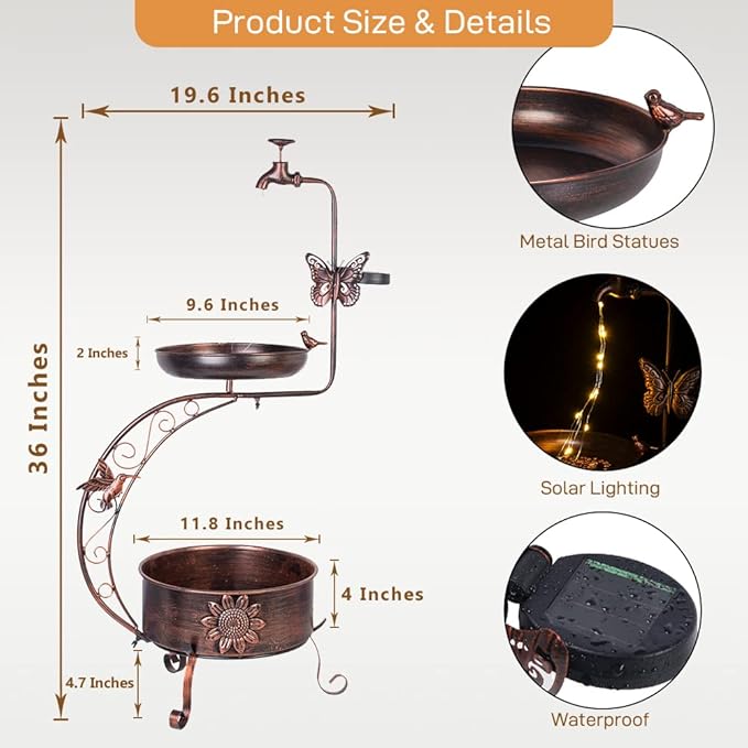 DREAMYSOUL Solar Bird Baths for Outdoors, Metal Birdbath with Flower Planter Pedestal, Antique Copper Bird Bath with Solar String Light for Garden, Yard, Patio Decor 36" Height