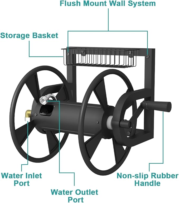 Garden Wall Mounted Hose Reel, Outdoor Heavy-Duty Water Hose Holder Winder, Holds 125 Feet of 5/8-Inch Hose, with 3.9 ft Leader Hose, Brass Fitting and Storage Basket for Yard, Black