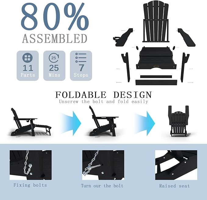 Folding Adjustable Adirondack Chairs with Ottoman & 1 Cup Holders, HDEP Multifunctional Adirondack Chair with Footrest,Black