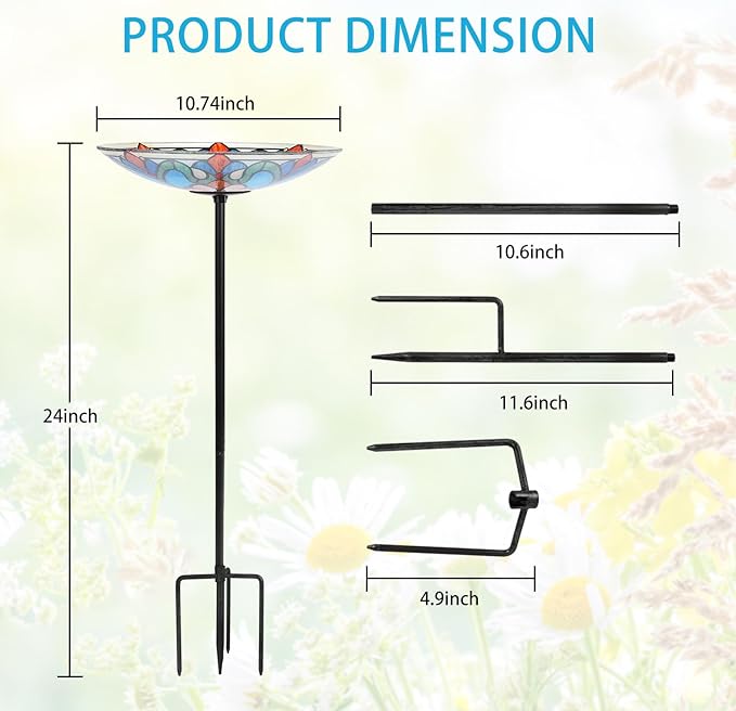 Bird Baths for Outdoors, Glass Birdbaths Outdoor Garden Birdfeeder with Metal Stake for Lawn Yard Decor, 24 Inch Height