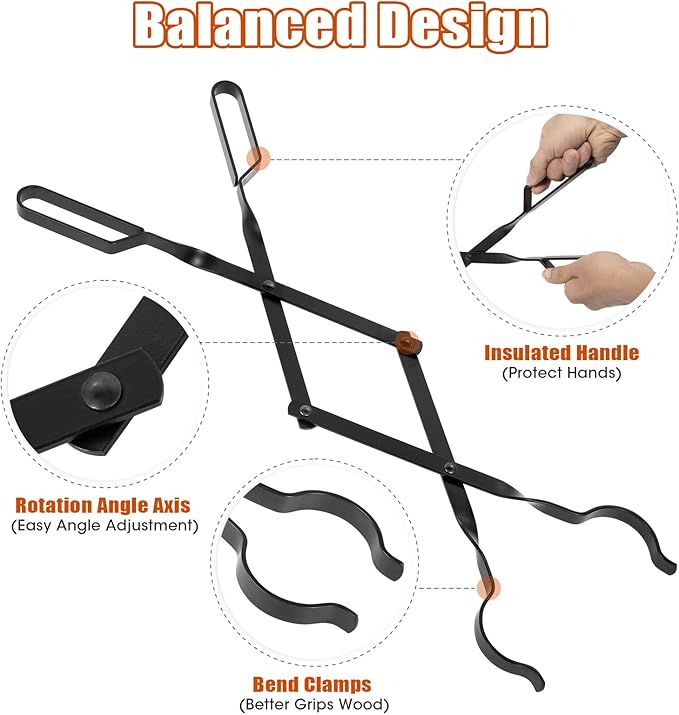 AGM Fireplace Tongs, 26" Fire Pit Accessories Firewood Tongs, Log Grabber for Thick logs, Heavy Duty Wrought Iron FireTongs, Campfire BBQ Stove Tweezers, Outdoor/Indoor