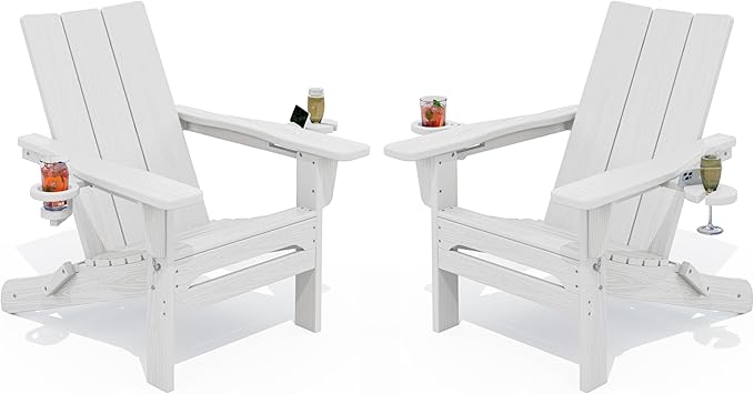 SERWALL Modern Folding Adirondack Chair Set of 2, All Weather Resistant Outdoor Adirondack Chair with Cup Holders, HDPE Adirondack Chair for Patio Lawn Garden, White