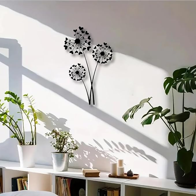 DUOOLN Metal Flowers Wall Art Decor, Minimalism Dandelion Flower Hanging Iron Decoration,Modern Plant Potted Art Sculpture Sign, Home Bedroom Bathroom Outdoor Indoor Kitchen Feature Wall-15.7x9.8in