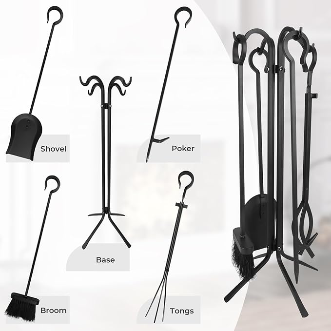 Fireplace Tools Set 5 Piece - Solid Wrought Iron Fire Place Tool Set with Stand, Heavy Duty Indoor Outdoor Fire Pit Accessories Kit, Stable X-Base Black