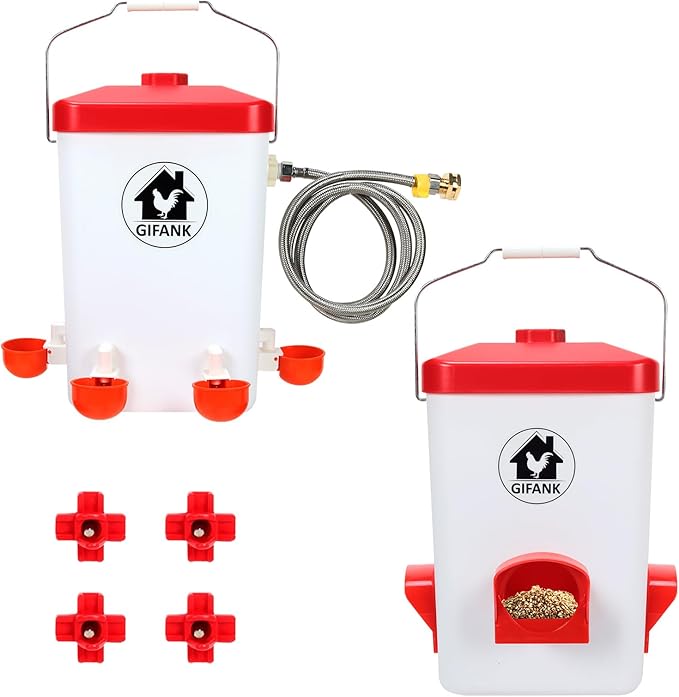 Automatic Chicken Feeder and Waterer Set Hanging Chicken Waterer 3 Gallon Poultry Water Feeder with Nipples and Feeding Ports No Waste,Chicken Coop Accessories