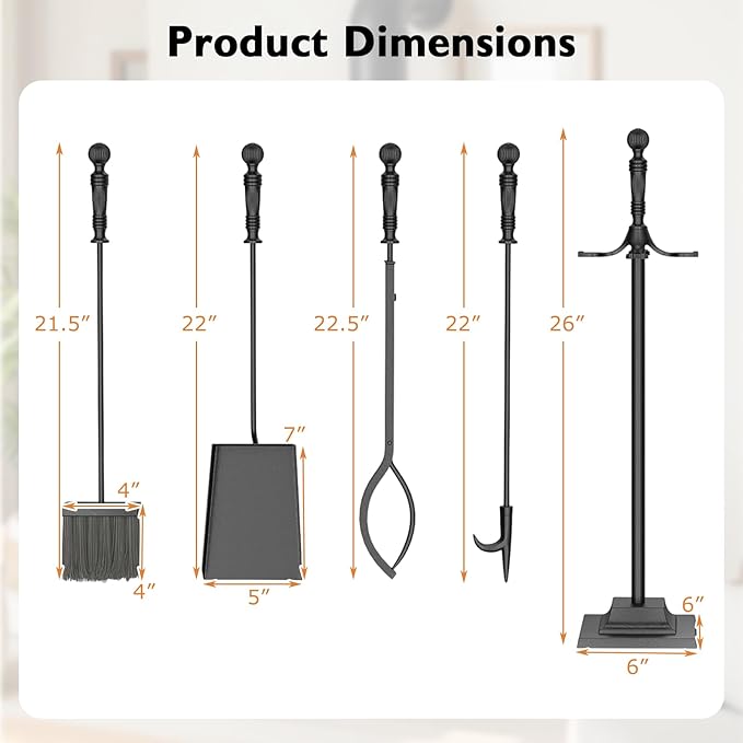 Tangkula 5-Pieces Fireplace Tool Set, 4-in-1 Indoor Outdoor Fire Place Set Tools with Poker, Tongs, Brush, Shovel and Square Stand, Metal Firepit Tool Set with Aluminum Handles, Black