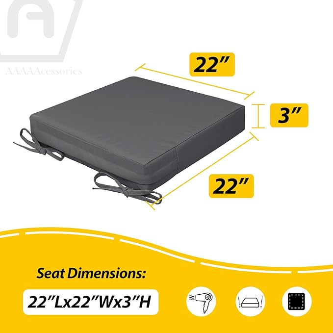 AAAAAcessories Outdoor Seat Cushions for Chairs, Waterproof, Fade-Resistant, 22" x 22" x 3", Patio Furniture Replacement Cushions, Set of 2, Dark Gray