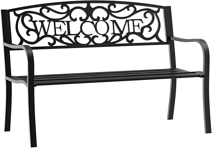 Outsunny 50" Outdoor Metal Welcome Bench, Garden Bench with Slatted Seat, Patio Bench for Park, Porch, Yard, Entryway, Black