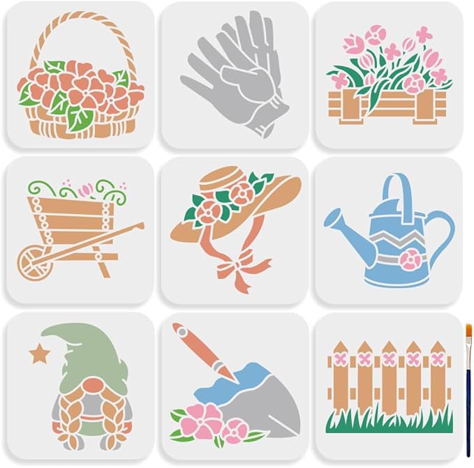 MAYJOYDIY 9pcs Garden Stencils 6×6inch Garden Painting Stencil with Paint Brush Flower Basket Plant Hat Watering Pot Dwarf Shovel Template for Wood Wall Fabric Paper Wall Furniture