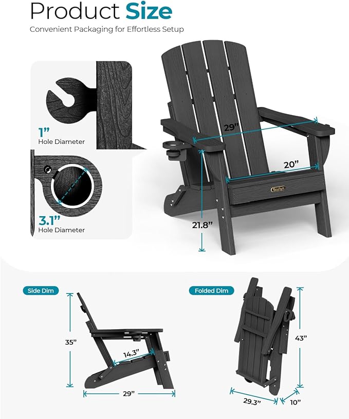 Folding Adirondack Chair 2 Pack, HDPE All-Weather Fire Pit Chairs, Plastic Adirondack Chairs with 2 Cup Holder, Outdoor Lawn Chair for Patio Garden (Black)