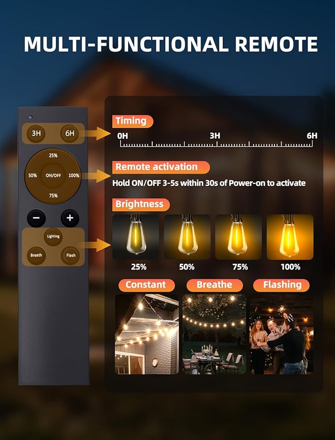 Outdoor Patio String Lights: 150Ft 45M Outside Waterproof Light - Remote Dimmable ST38 Shatterproof Bulb Connectable Hanging Outdoor Electric Lighting - Backyard Yard Gazebo Porch Party