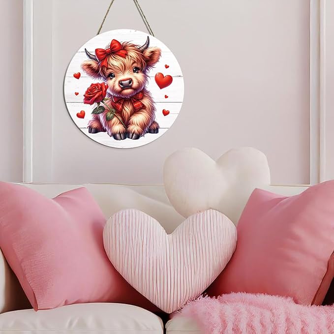 Valentines Day Wall Decor, Valentines Day Door Decorations, Gift for Boyfriend Girlfriend, Heart Rose Bow Highland Cow Wood Hanging Sign Anniversary Porch Home Bedroom Office Door Decor