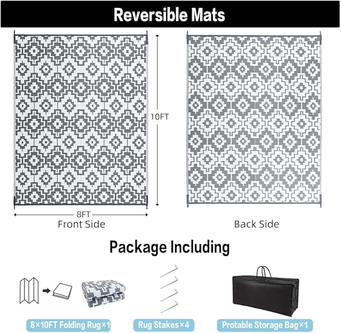 HUGEAR Outdoor Plastic Straw Rug, Waterproof Outdoor Rugs for Patios Clearance, Reversible Area Rug, Large Outside Carpet for Camping, Balcony, RV, Deck, 8x10ft Geometric/Gray&White