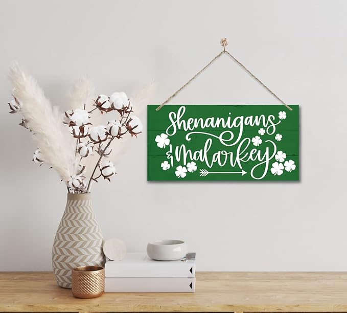 Funny St Patricks Day Wood Decor Sign, Shenanigans & Malarkey Printed Wood Wall Art Sign, Home Signs Decor, Hanging Door Wood Sign, Irish Sign, St Patricks Day Decor, Rustic Farmhouse Wood Sign