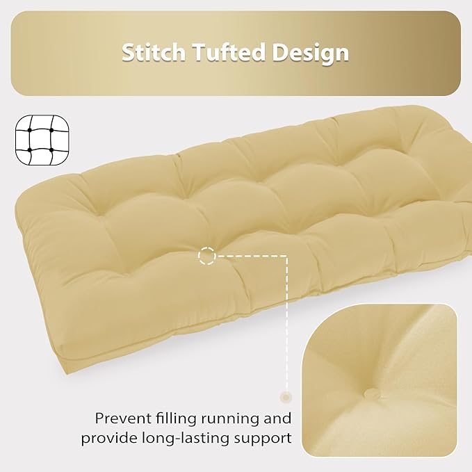 Tufted Bench Cushions for Outdoor Furniture, 44" x 19" Porch Swing Cushions Filled with Foam, Overstuffed Patio Cushions for Bench Loveseat with 2-3 Seats,Thick and Water Resistant, Khaki
