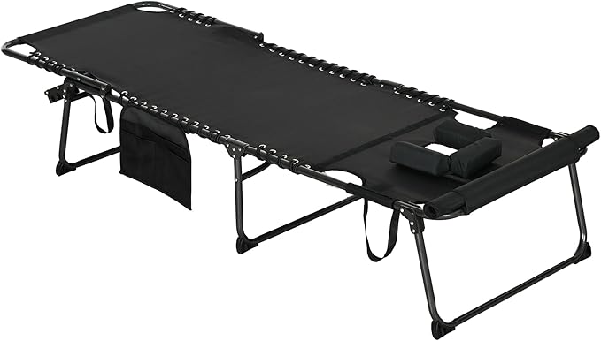 Outsunny Folding Chaise Lounge with 5-Level Reclining Back, Tanning Chair with Face Hole, Outdoor Lounge Chair with Side Pocket & Headrest for Beach, Yard, Patio, Black