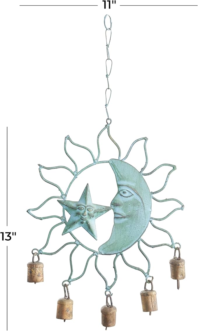 Deco 79 Metal Sun and Moon Windchime with Bells, 13" x 11" x 1", Turquoise