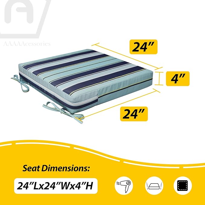 AAAAAcessories Outdoor Seat Cushions for Chairs, Waterproof, Fade-Resistant, 24" x 24" x 4", Patio Furniture Replacement Cushions, Set of 2, Stormy Teal Coastal Stripe