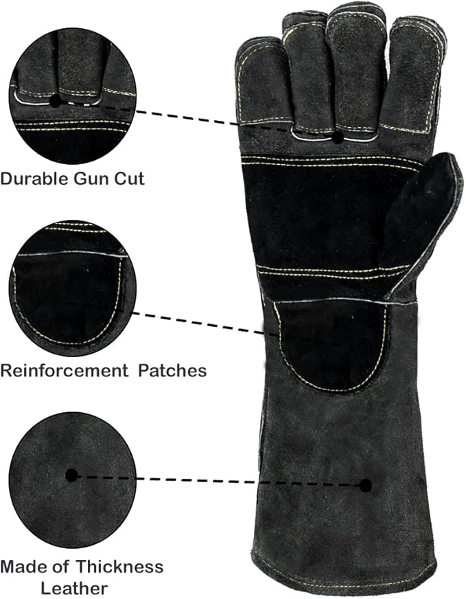 Welding/BBQ Leather Gloves, 16 Inches, Black-Gray, Heat/Fire Resistant, Mitts for Oven/Grill/Fireplace/Furnace/Stove/BBQ/16 inches Extra Long Sleeve