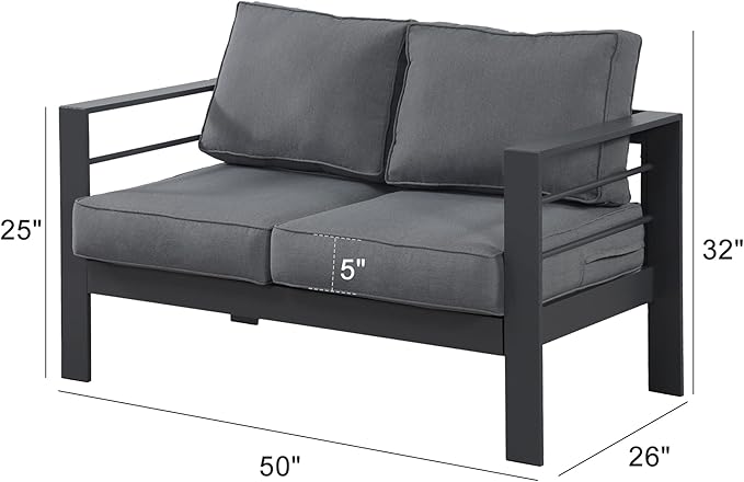 Wisteria Lane Patio Furniture Aluminum Loveseat, All-Weather Outdoor 2 Seats Sofa Couch, Gray Metal Chair with Dark Grey Cushions