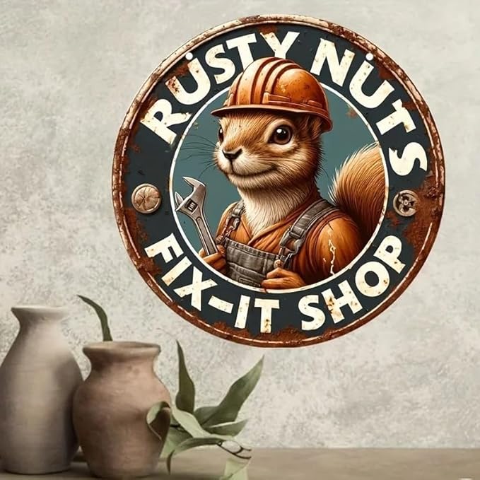 Metal Retro Shell Gasoline Wall Art, Creativity Art Decorations, Garden Sign Outside Decor，Wall Sculpture， Hanging Sculpture for Living Room Dining Room Bedroom Yard Outdoor Decor (Squirrel Worker)