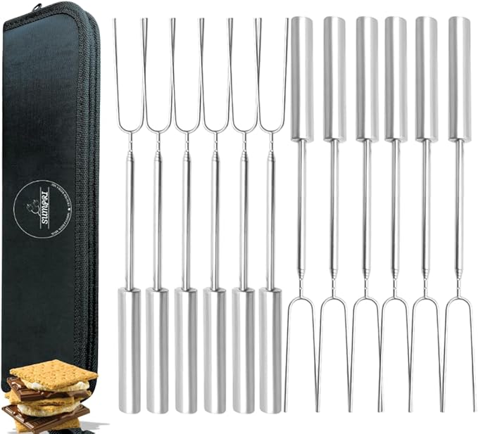 Smores Sticks For Fire Pit [All-Stainless Steel Set Of 12] -Marshmallow Roasting Sticks For Campfire, Telescoping S'mores Forks -Long Hot Dog Sticks [Dishwasher-Safe] - SUMPRI Campfire Skewers
