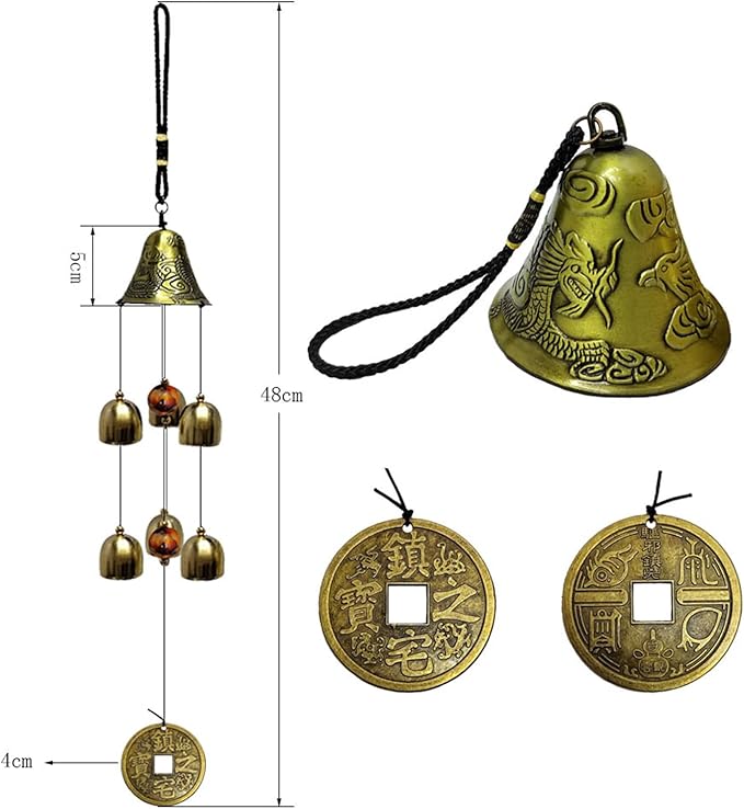 Lucky Wind Chimes Fengshui Bell Copper Alloy Dragon Bell 6 Bells Hanging Wind Bell for Home Garden Hanging Good Luck Blessing
