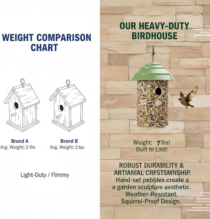 Outdoor Wren Bird House with River Pebble Composite Roof – Decorative Wooden Nesting Box for Wrens, Finches & Small Songbirds – Weather-Resistant Hanging Backyard Habitat, 10 Years (Green)