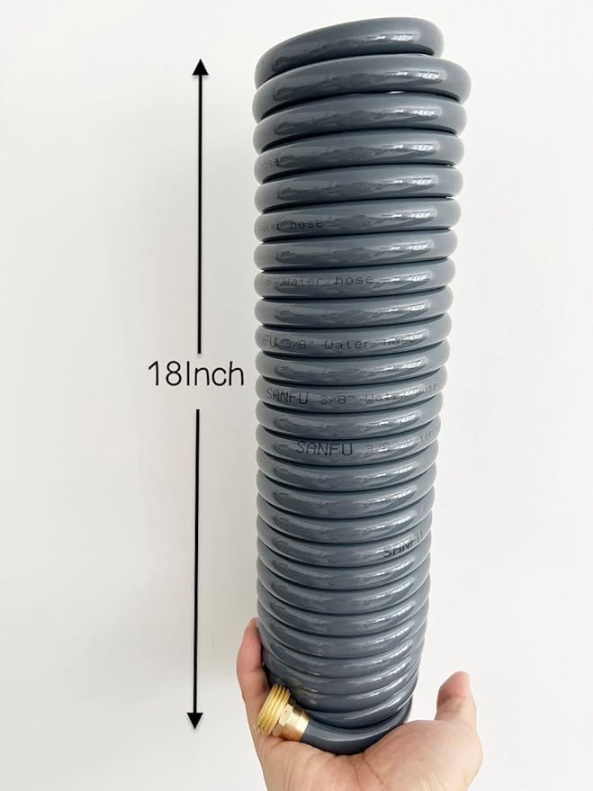 SANFU PU Recoil Garden Water Hose 3/8"ID(9.5 x 12.7mm) x 25ft Premium with 3/4"Inch Brass Fittings Retractable, Swivel Female, Outdoor Patio Hose Marine&Boat, Gray(25')