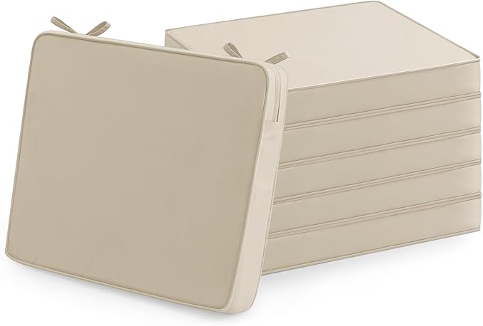 Outdoor Chair Cushions Set of 6: Waterproof & Fade Resistant Seat Cushion for Patio Furniture - 19 x 19 x 2 Inch Chair Pads with Ties and Hidden Zipper - Patio Chair Cushion Replacement, Beige