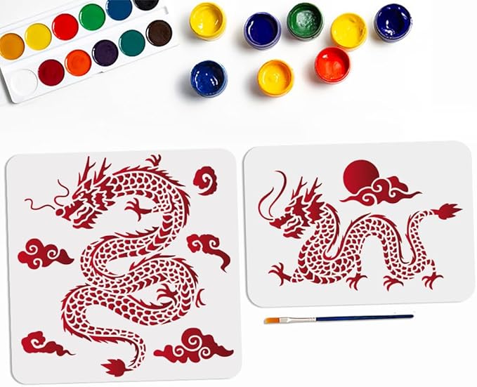 MAYJOYDIY 2 Styles Oriental Dragon Auspicious Clouds Stencil 11.8×11.8/11.7×8.3inch Large Chinese Dragon Sun Drawing Stencils with Paint Brush Asian Dragon Theme Template for Art Crafts Home Decors